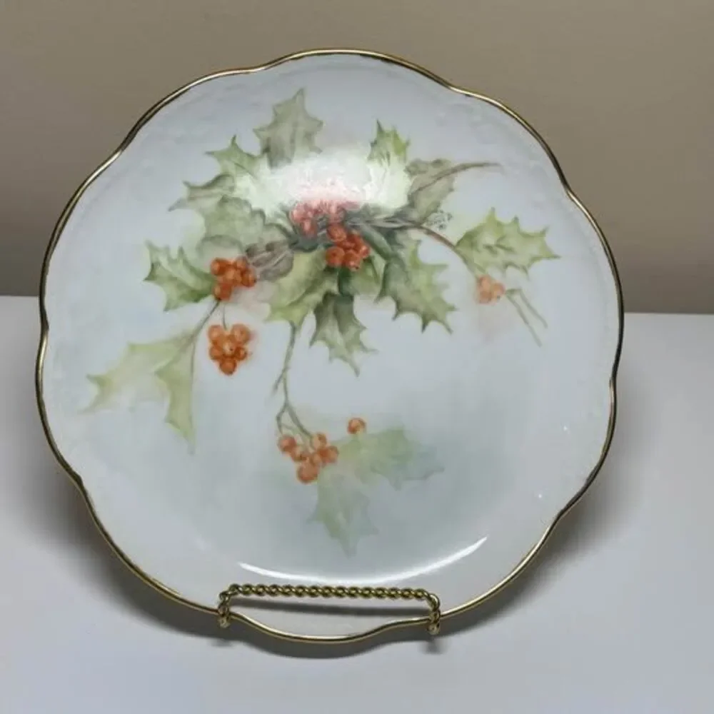 Vintage Hand-Painted Holly and Berry Porcelain Plate Signed 1980